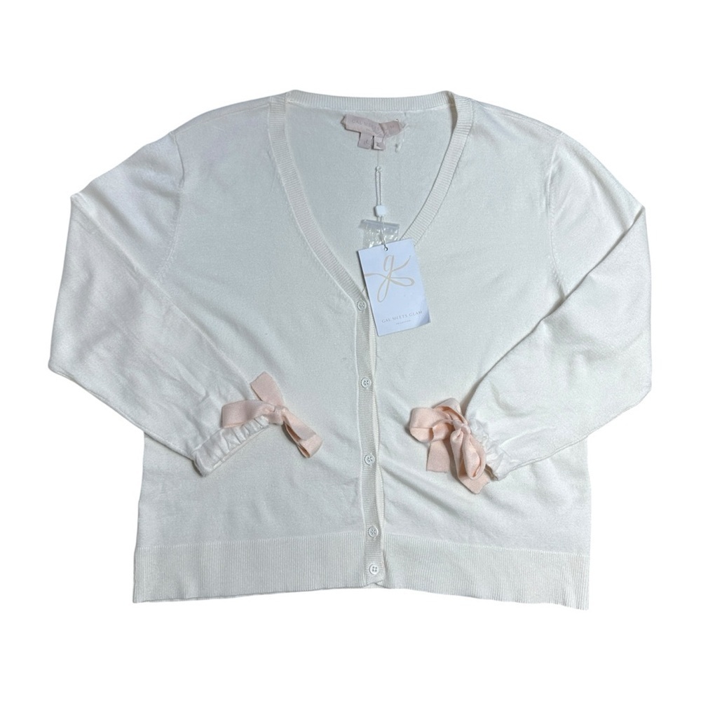 Gal Meets Glam Ivory and Pink Ribbon Cardigan Womens L